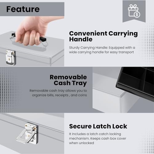 Flexzion Cash Box with Money Tray, Latch Lock, 11 x 7.7 x 3.5 Inch, Silver - color: Silver