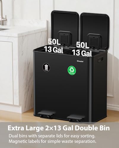 Dual Trash and Recycling Bins for Kitchen, 2×13 Gallon (2× 50L) Stainless Steel Trash and Recycle Bin Combo with Soft-Close Lid, Large Garbage Cans for Kitchen Home with 2 Magnets Sticker, Black - color: Black