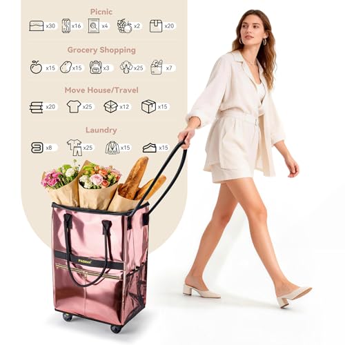 PASMAN Reusable Foldable Rolling Grocery Bag on 5 Wheels,Medium,Matte Black - color: Matte-black, size: Medium