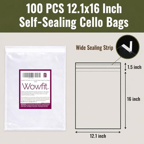 Wowfit 100 CT 12.1x16 Self Sealing Plastic Bags for Clothes, Sweaters - size: 12.1x16 Inch (Pack of 100)