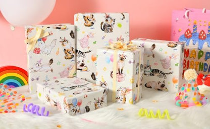 Sikiweiter Cat Birthday Wrapping Paper Roll - 17 Inches x 16.5 Feet, Fun and Colorful Cat Party Print, Perfect for Gifts and Celebrations(Cat Birthday) - color: Cat Birthday