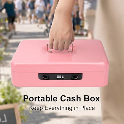 Jssmst Metal Cash Box with Money Tray and Lock, Portable Cash Drawer, 11.8" - color: Pink Code-B