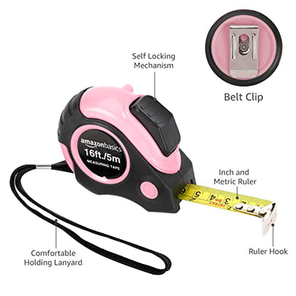 Amazon Basics Retractable Tape Measure with Metric and SAE Measurements, 16ft/5m, Belt Clip, Readable, Pink - color: Pink