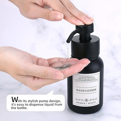 Black Glass Soap Dispenser Wall Mount for Bathroom with Pump and Drill-Free Holders - 8.5 Oz Hand Soap Dispenser, Shower Dispenser with Waterproof Labels - color: Black Set of 1