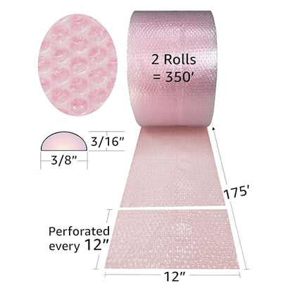 Anti-Static Bubble Roll, 12" x 350', 3/16", Pink - color: Pink Antistatic, size: 12" x 350' Small 3/16"