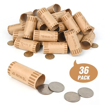 LLIKED 36 PCS Preformed Coin Wrappers Rolls-Halves, Brown - size: 36 Halves Coin Rolls