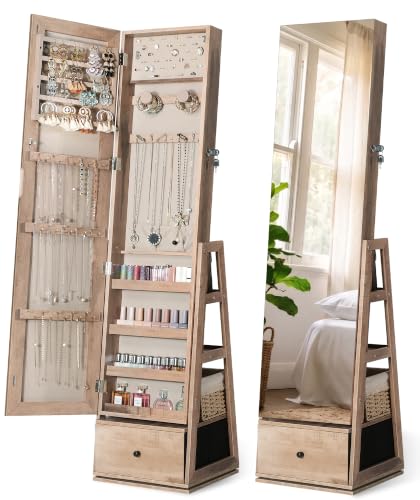 Nicetree 360° Swivel Jewelry Cabinet, Full Length Mirror, Lockable, Oak - color: Oak