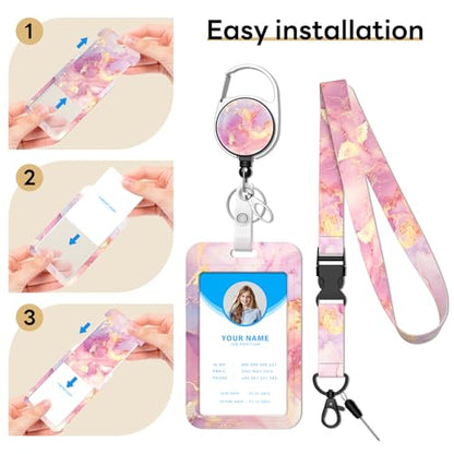 Retractable Badge Holder with Detachable Lanyard, Pink Marble - color: Pink Marble