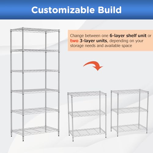 FDW | 6-Tier Wire Shelf | 23" x 13" x 59" | Chrome - color: Chrome, size: 6-Shelf No Wheels