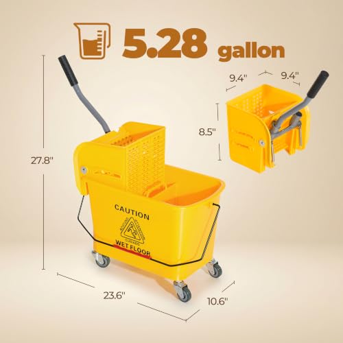 HOMCOM Commercial Mop Bucket Side Press Wringer Wheels 21 Quart Yellow - color: Yellow, size: 21 Quart