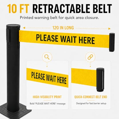 4 Pack Crowd Control Stanchions with 10 FT “Please Wait HERE” Retractable Belts, Black Queue Barrier Posts with Weighted Rubber Bases, 4-Way Connection for Line Control - color: Please Wait HERE, size: Rectangular Base