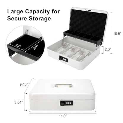 Jssmst Metal Cash Box with Money Tray and Lock, Portable Cash Drawer, 11.8" - color: White Code-A