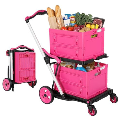 Collapsible Shopping Cart with Wheels, Foldable Platform Hand Truck (Pink) - color: Pink