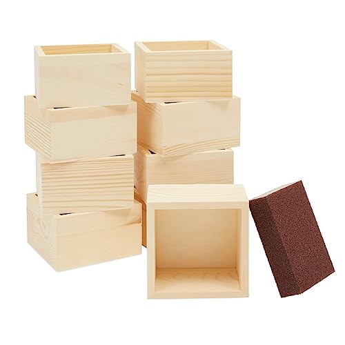 Bright Creations Centerpieces - 10 Unfinished Pine Mini Wood Crates 4 x 4 x 2.3 In & Sanding Sponge, Cream & Brown - DIY Craft Decor & Storage Display