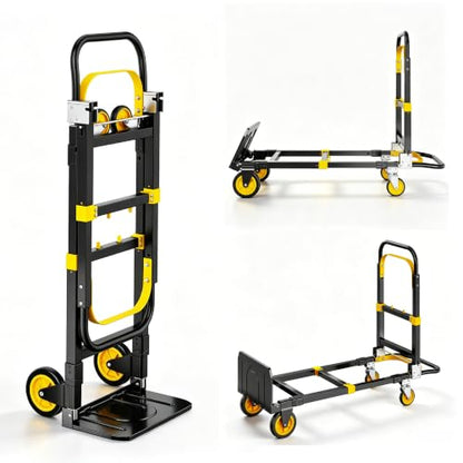 3 in 1 Folding Hand Truck, 600lbs Capacity Dolly Cart Industrial Convertible Heavy Duty with Retractable Handle and 4 Rubber Wheels, Collapsible Cart for Moving Home, Office, Warehouse - color: Black-600