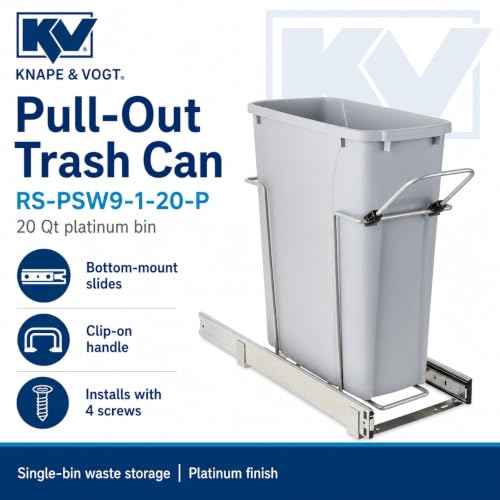 Knape & Vogt in-Cabinet Pull Out Trash Can, 20-Qt., Bottom-Mount Cabinet Installation, Requires Min 8-in Opening, 20.5 in x 8.5 in x 17.5 in, RS-PSW9-1-20-P, Platinum - color: Platinum