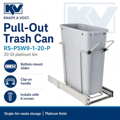 Knape & Vogt in-Cabinet Pull Out Trash Can, 20-Qt., Bottom-Mount Cabinet Installation, Requires Min 8-in Opening, 20.5 in x 8.5 in x 17.5 in, RS-PSW9-1-20-P, Platinum - color: Platinum