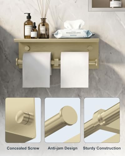 Double Toilet Paper Holder with Shelf Brushed Gold Large Tissue Roll Holder - color: Brushed Gold
