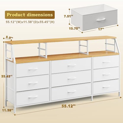 Homkdom White Dresser for Bedroom with 9 Fabric Drawers & Display Top Shelf - color: White