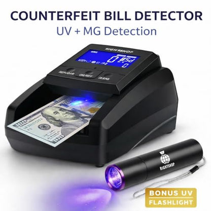 Counterfeit Bill Detector Machine with UV Flashlight, IR MG UV Detection - Fake Bill Checker for USD, EUR & GBP, Cash Value Calculator with Automatic 4-Way Orientation
