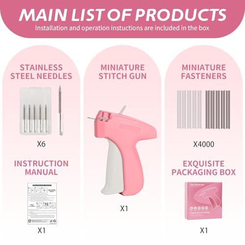 Mini Stitch Gun Kit, Stitchy Gun,Quick Clothing Fixer,Tagging Gun for Clothing, Mini Sewing Micro Tagging Gun - Includes 6 Needle2000 Black Fasteners & 2000 White Fasteners (Pink)