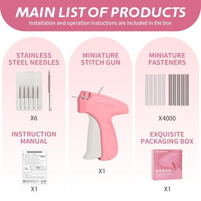 Mini Stitch Gun Kit, Stitchy Gun,Quick Clothing Fixer,Tagging Gun for Clothing, Mini Sewing Micro Tagging Gun - Includes 6 Needle2000 Black Fasteners & 2000 White Fasteners (Pink)
