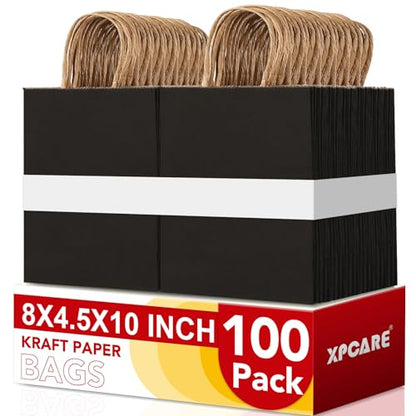 XPCARE Black Paper Bags with Handles, 100Pcs 8x4.5x10In Kraft Paper Bag - color: Black