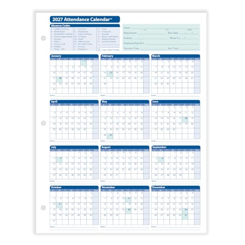 ComplyRight 2027 Attendance Calendar Card, White, Pack of 50 - size: 50 Pack, style: Attendance Calendar Card