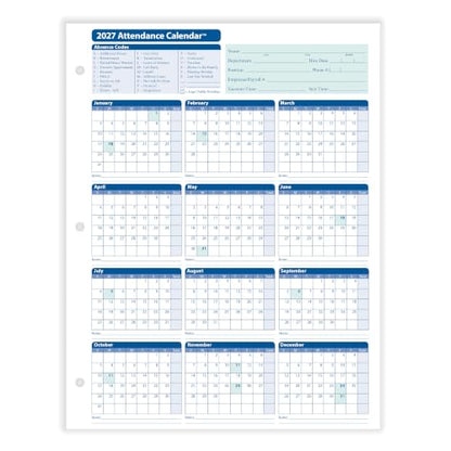 ComplyRight 2027 Attendance Calendar Card, White, Pack of 50 - size: 50 Pack, style: Attendance Calendar Card