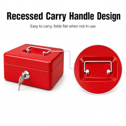 Steel Cash Box with Key Lock, Metal Small Money Organizer with Money Tray,Cash Storage Box with Lockable Cover (Red - 6 inch) - color: Red - 5.9" x 3.1" x 4.7"