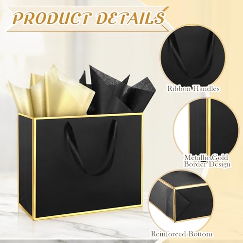 ReliThick 12 Pack Paper Gift Bag with Handles & Tissue, Black, Gold - color: Black, Gold