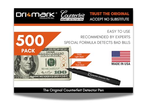 Dri Mark 500 Pack Counterfeit Bill Detector Marker Pen, Made in The USA, 3 Times More Ink, Pocket Size, Fake Money Checker - Money Loss Prevention Tester & Fraud Protection for U.S. Currency - size: 500 Pack