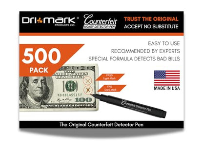 Dri Mark 500 Pack Counterfeit Bill Detector Marker Pen, Made in The USA, 3 Times More Ink, Pocket Size, Fake Money Checker - Money Loss Prevention Tester & Fraud Protection for U.S. Currency - size: 500 Pack