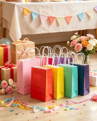 qiqee 100Pcs Paper Gift Bags with Handles - 10.6"x8.3"x4.3" Medium Party Favor Bags - 24 Solid Colors - size: Medium - 1 count (Pack of 100)