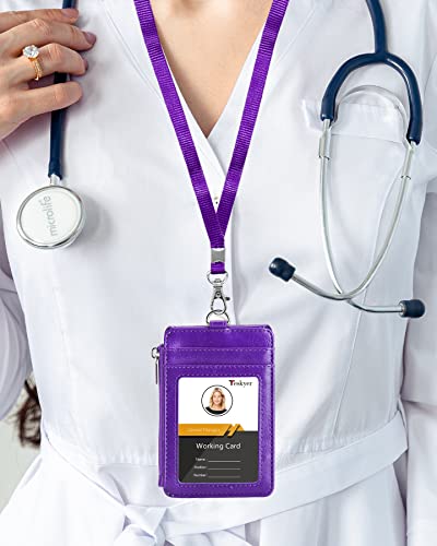 Teskyer Leather ID Badge Holder with Lanyard, Lanyard Wallet, Purple - color: Purple, size: 3.1" x 4.7"