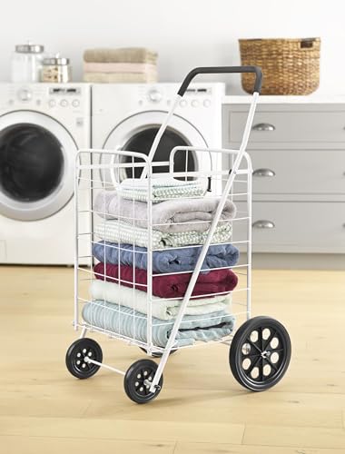 Whitmor Deluxe Utility Foldable Shopping Cart with Wheels, 100 Lb Capacity, Heavy Duty Grocery Cart with Steel Frame, Foam Handle, Rolling Folding Utility Trolley for Grocery, Laundry, Travel, White - size: 15.75"L x 17.75"W x 40.5"H, White