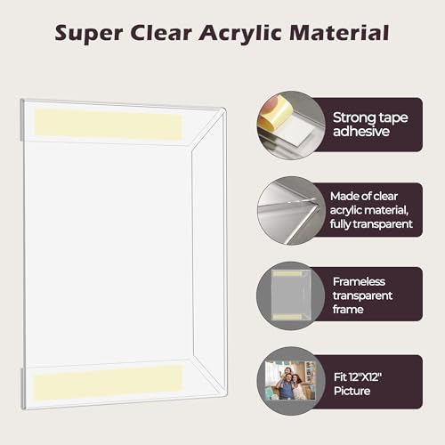 12 x 12 Acrylic Picture Frame, Horizontal/Vertical Clear Photo Frame for Wall with Tape, No Drilling Floating Hanging Frameless Picture Frame, Wall Mount Sign Holder for Home, School, Office - size: 1 Pack 12 x 12 Inches