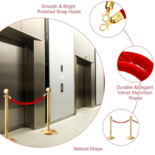 Velvet Stanchion Rope 5.25 Ft Crowd Control Barriers Safety Velvet Rope with Gold Hooks for Graduation Party, Movie Theaters Openings Hotels Carpet, Not Include Stanchion Pos(Size:12 Pack,Color:Red)