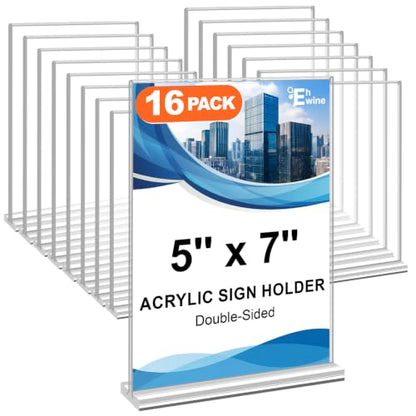 EHWINE 16 Pack Acrylic Sign Holders 5x7 Double-Sided Tabletop Display Stands for Menus Flyers & Signs, Clear Acrylic Picture Frame for Office Business Store & Events - size: Vertical 16 Pack 5x7 Inch