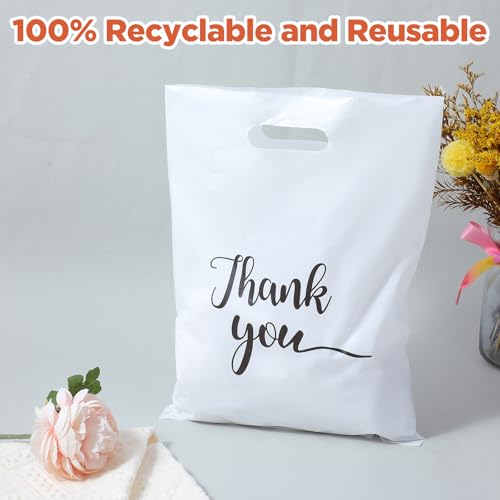 200 Pcs Thank You Gift Bags, Plastic Merchandise Bags with Die Cut Handles, Clear Shopping Bag Bulk Packaging for Small Business Retail Boutique Stores Gifts (10 x 13.6 Inch)