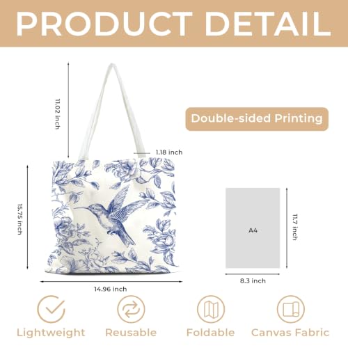 Cute Canvas Tote Bag for Women, Book Totebag with Zipper Pocket - color: Hummingbird