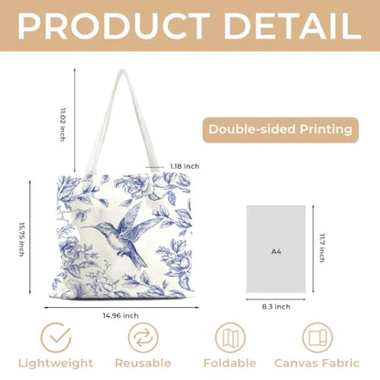 Cute Canvas Tote Bag for Women, Book Totebag with Zipper Pocket - color: Hummingbird