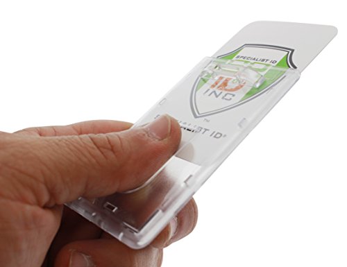 Bulk 50 Pack - Slim Heavy Duty Badge Holders - Hard Plastic Frosted Polycarbonate (Holds 1 Card) Rigid Top Load Single Card Case - Vertical Easy Access Thumb Slide & ID Protection by Specialist ID - size: 50 Pack