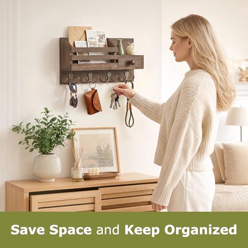 Key Holder Wall Mount, Wooden Key and Mail Organizer, Brown - color: Brown
