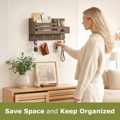 Key Holder Wall Mount, Wooden Key and Mail Organizer, Brown - color: Brown