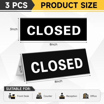 Lewtemi 3 Pcs Closed Desk Sign 3 x 8 Inch Double Sided Closed Tent Sign ABS Engraved Tabletop Display Symbol Black White Letter for Checkout Office Hotel Retail Counter Workspace