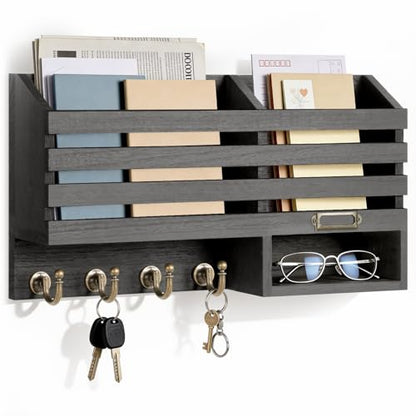 FifthQuarter Mail Holder Wall Mount with 2 Mail Slot and 4 Sturdy Hooks - color: C-Black
