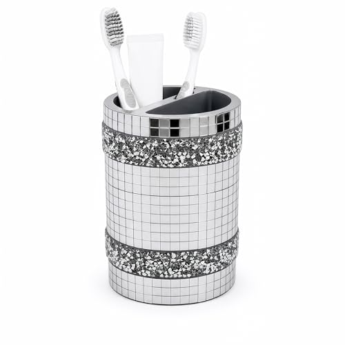 Silver Mirrored Mosaic Glass Toothbrush Holder - size: Toothbrush Holder