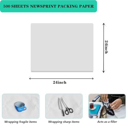 500 Sheets Large Packing Paper for Moving Supplies 24x24 Inch, 17.6lb Newsprint Packaging Paper for Wrapping Shipping Fragile Items - size: 500sheet