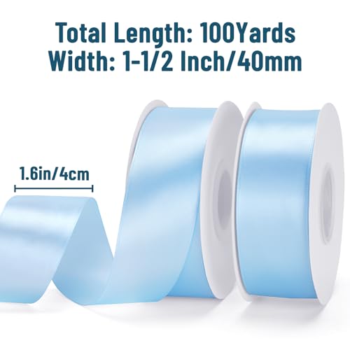 KINGLAKE Light Blue Satin Ribbon - 1-1/2'' x 100 Yards for Gift Wrapping - color: Light Blue, size: 1 1/2 Inch x 100 Yards